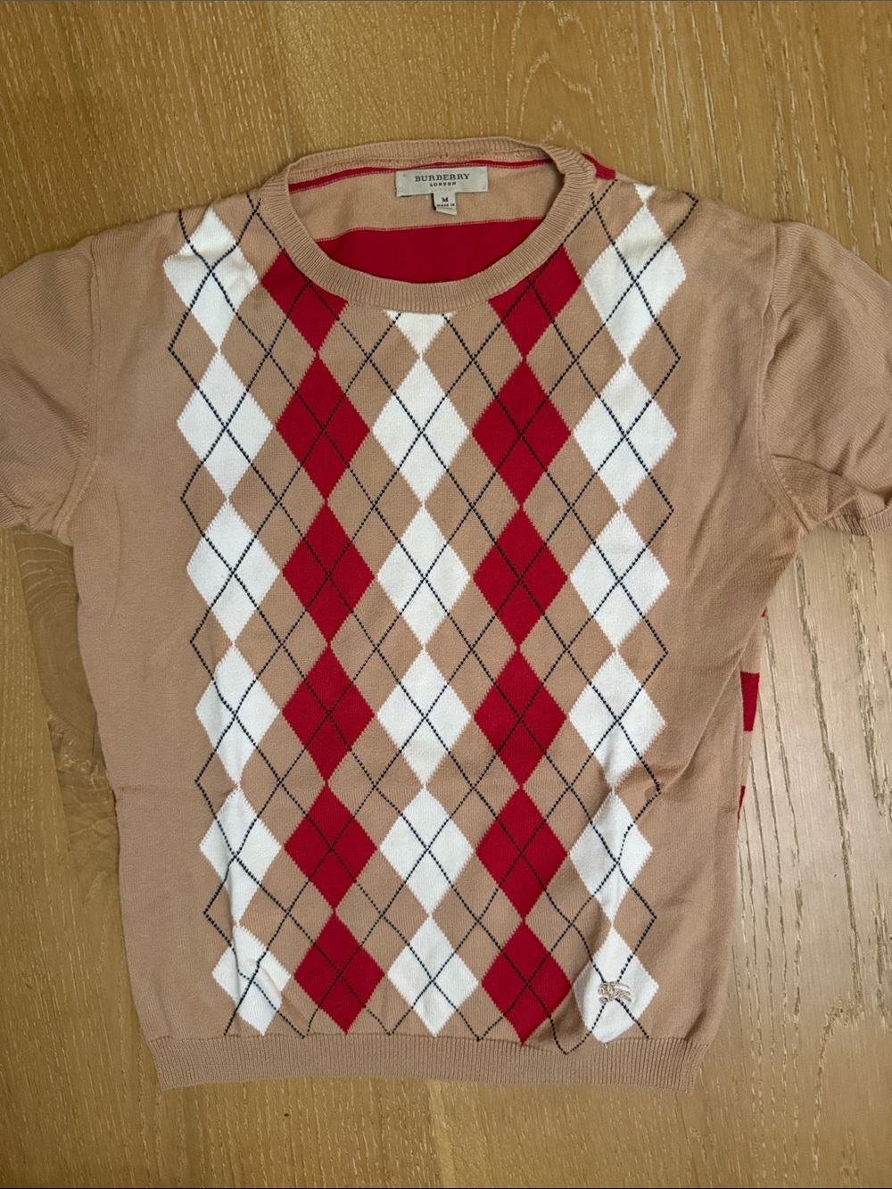 Burberry women Tan, Red & White Argyle Short Sleeve Sweater